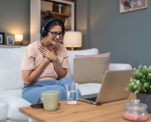 Emotional Support. Young Sick Woman, Or Freshly Divorced, Relationship Breakup, Being Fired From Work, Having Video Call On Laptop Computer With Friends And Family, Online Therapy With Psychologist.