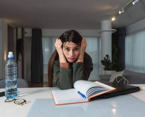 Young Freelance Business Finance Woman Has A Problem With Attention Deficit Hyperactivity Disorder ADHD She Cant Start Work On Project Female Lost Concentration Cant Work From Home On Laptop Computer
