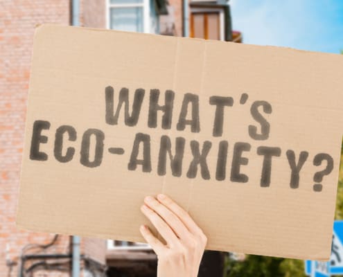 The Question " Whatâs Eco Anxiety? " On A Banner In Men's Hand With Blurred Background. Scared. Toxic. Teenager. Warming. Air. Depressed
