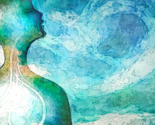 Mindfulness Relaxation Breathing Concept With Woman Breathing In Relaxing Breath Of Nature