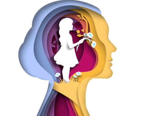 Little Girl Inside Head Of Woman Papercut Vector Illustration