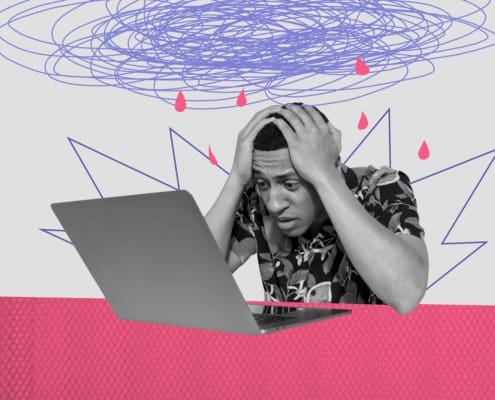 Creative Sketch Image Art Collage Of Puzzled American Man Hold Head Sit Workplace Laptop Rain Drop Depression Workload Pressure