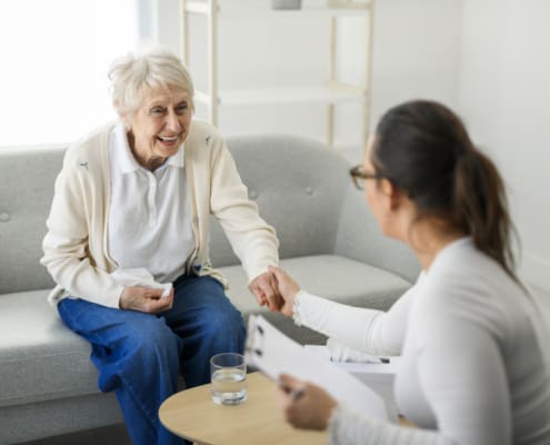 Old Woman Thinking With Psychologist In Consultation Office For Mind, Evaluation Or Assessment.